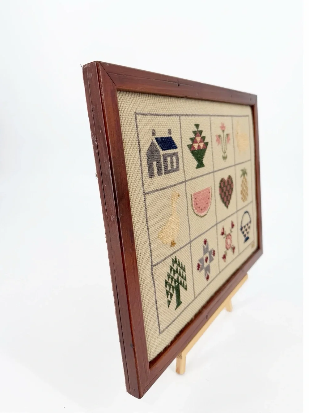 Vintage Framed Cross Stitch Country Sampler Heart Quilt Goose
